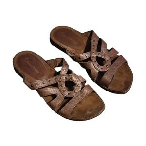 Bare Traps Women's Size 6 Darbi Brown Leather Slip On Slides Studded Sandals